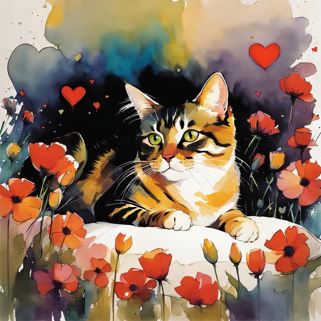 Stylized Cat Portrait with Flowers in Comic Art Style