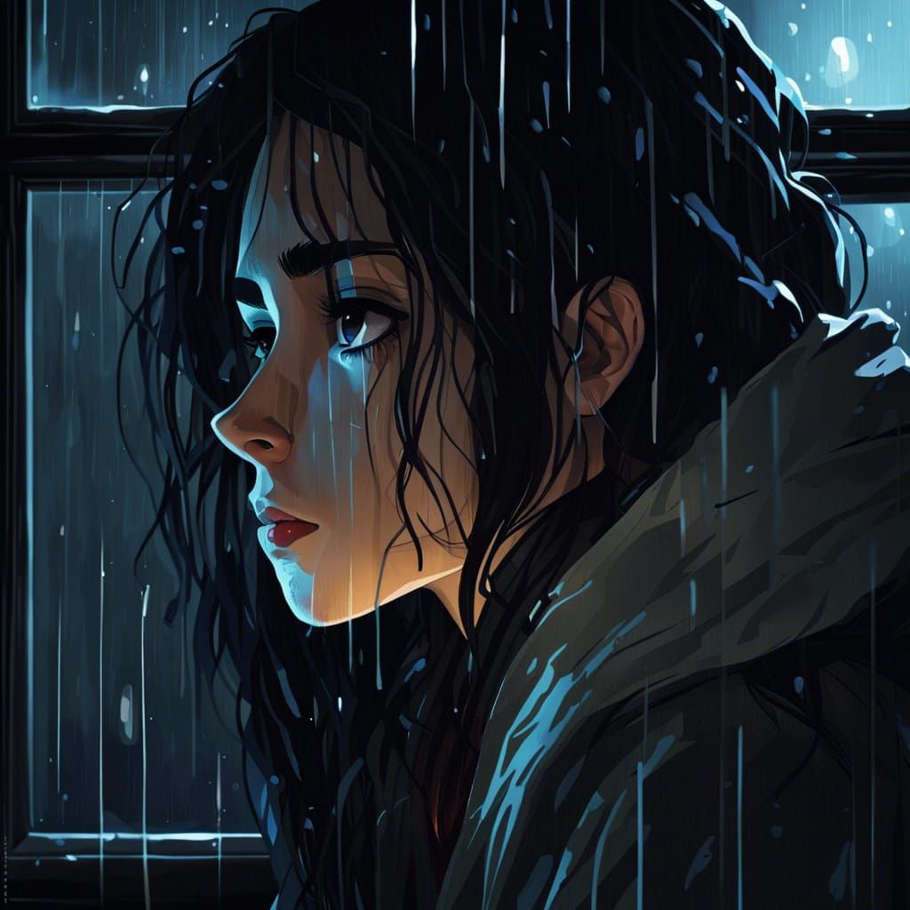 Depressed Woman Gazing Out Window on Rainy Night