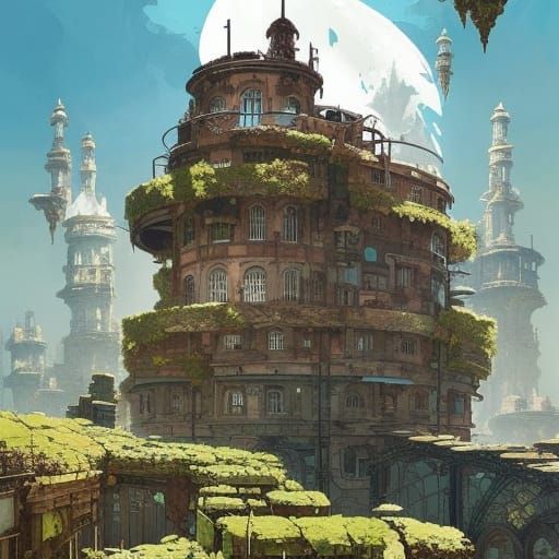 Overgrown Dieselpunk Fortress Ruins in Ink Painting Style