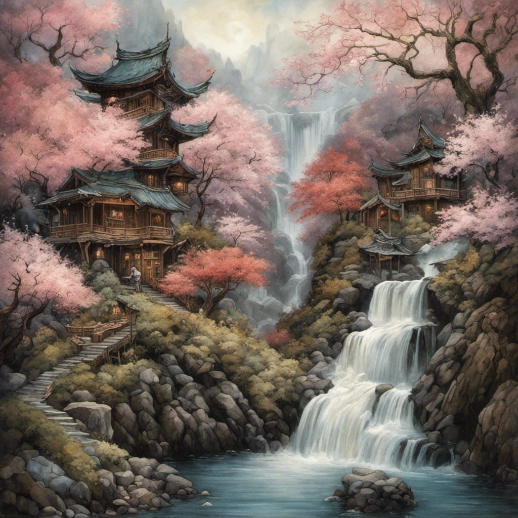 Fantasy Japanese Village in Snowy Mountains