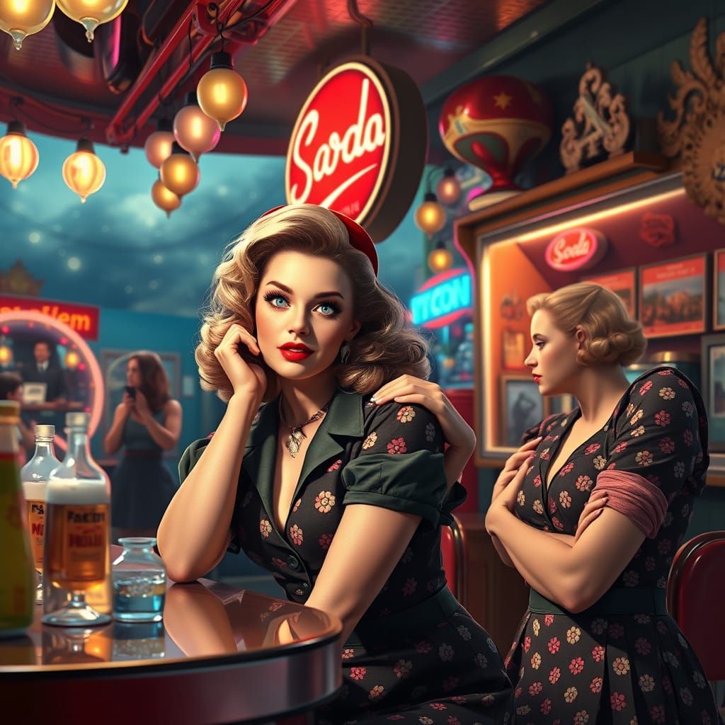 Glamorous Pin Up Girls at Vintage Soda Shop in Deep Color