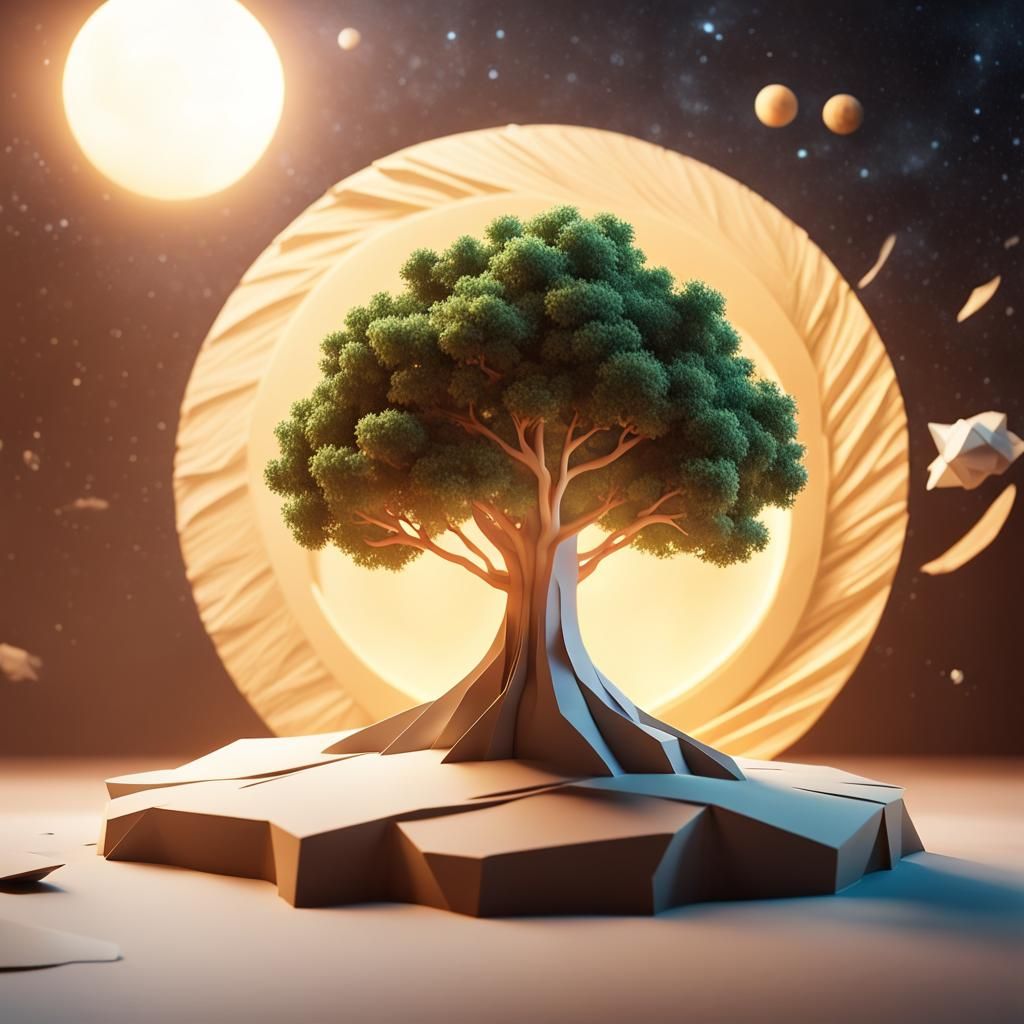 Magical Tree on Floating Island Drifting in Space