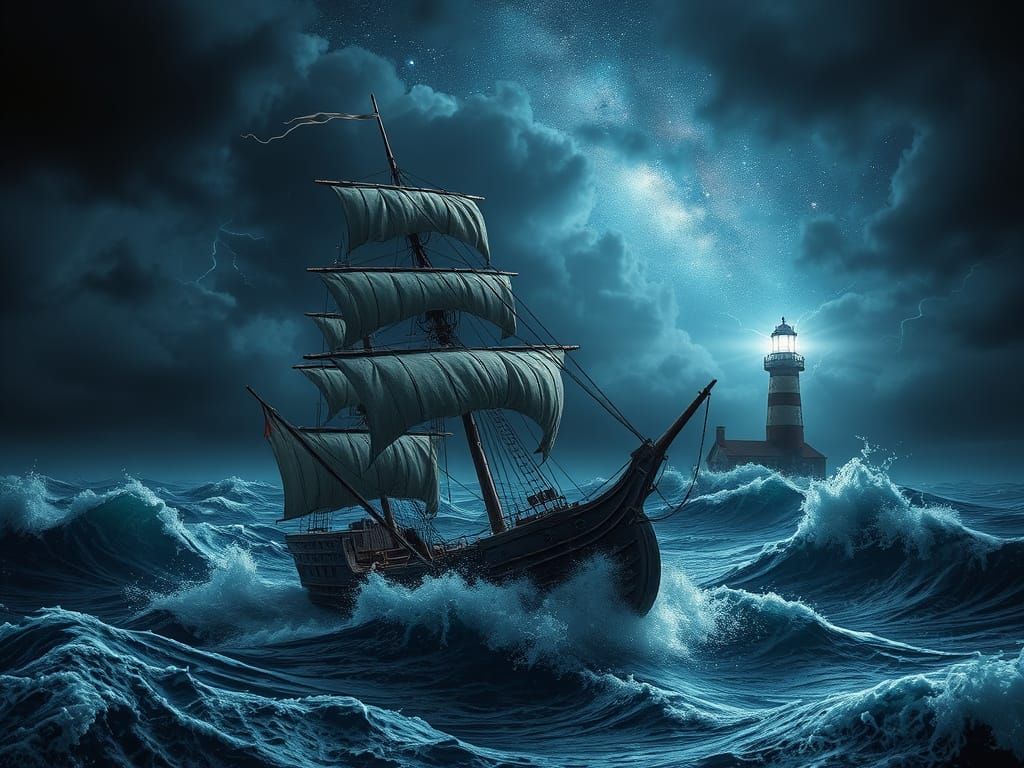 Pirate Ship Amidst Stormy Seas in Hyperrealism