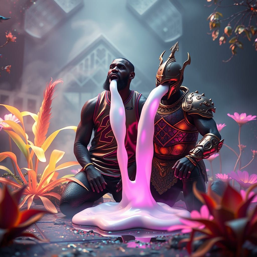 Lebron James in Futuristic, Dreamlike Landscape with Diddy