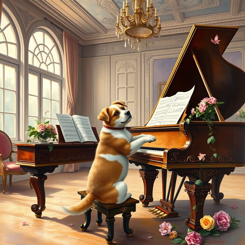 Whimsical Dog Performs at Elegant Piano Concert
