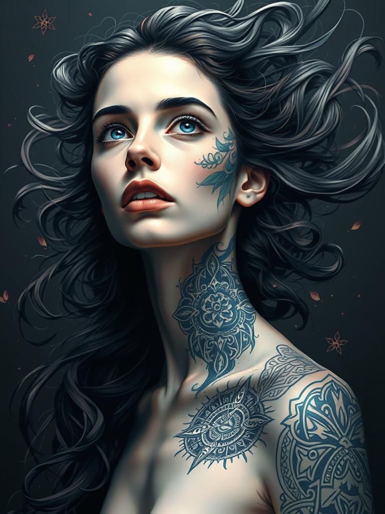 A monochrome hyperrealistic image of a beautiful young Europ...