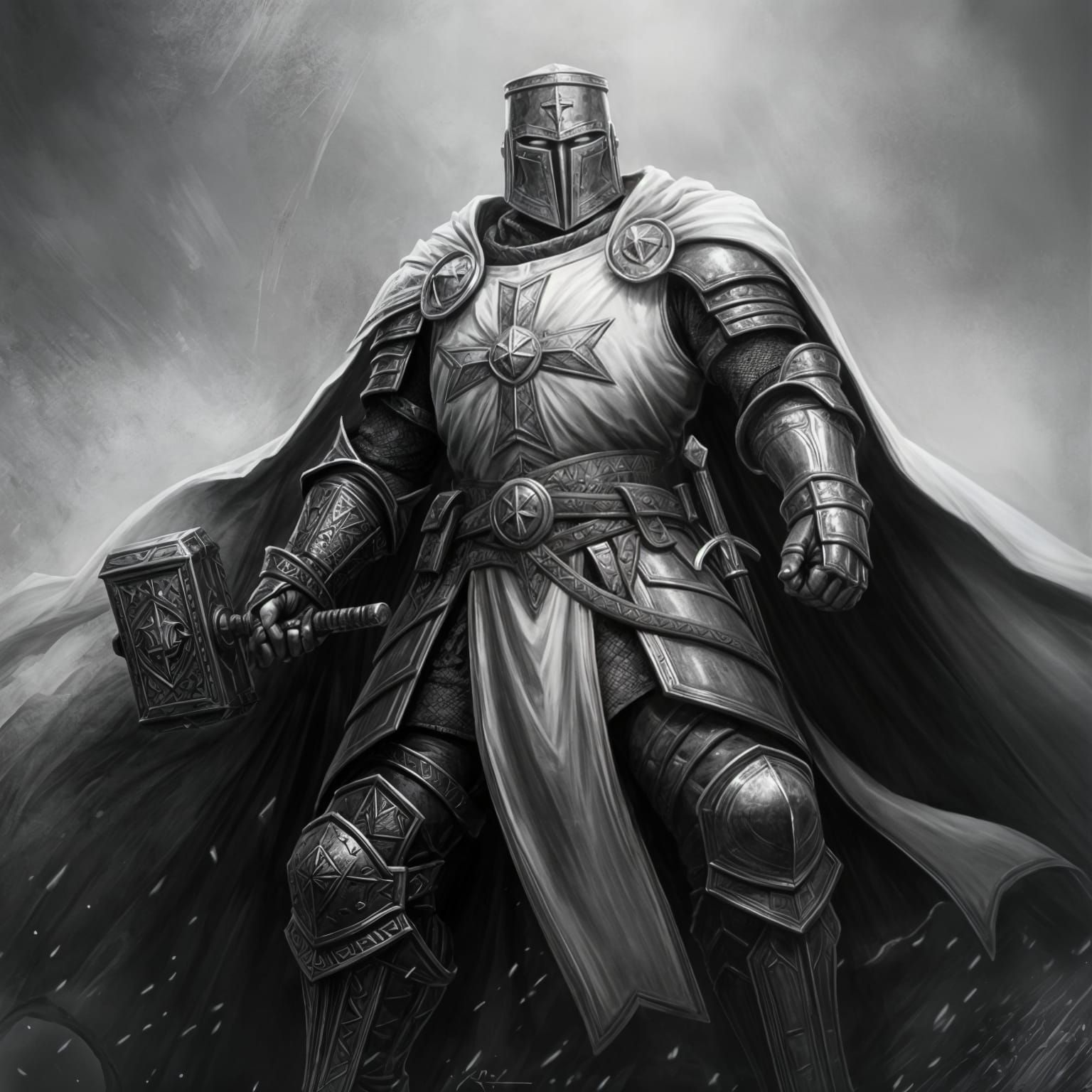 Stern Armored Templar with Warhammer in Pencil Sketch Style