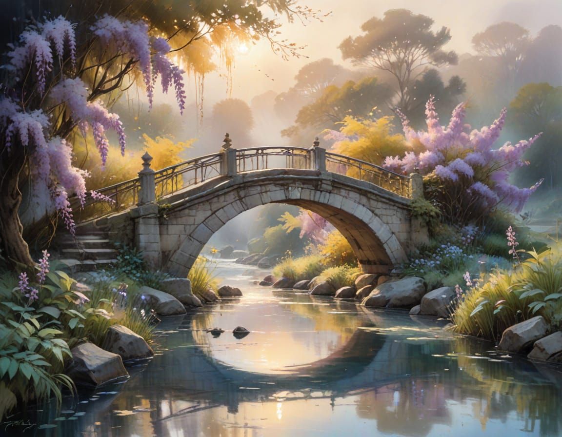 Wisteria-Draped Stone Bridge in Alcohol Ink Style