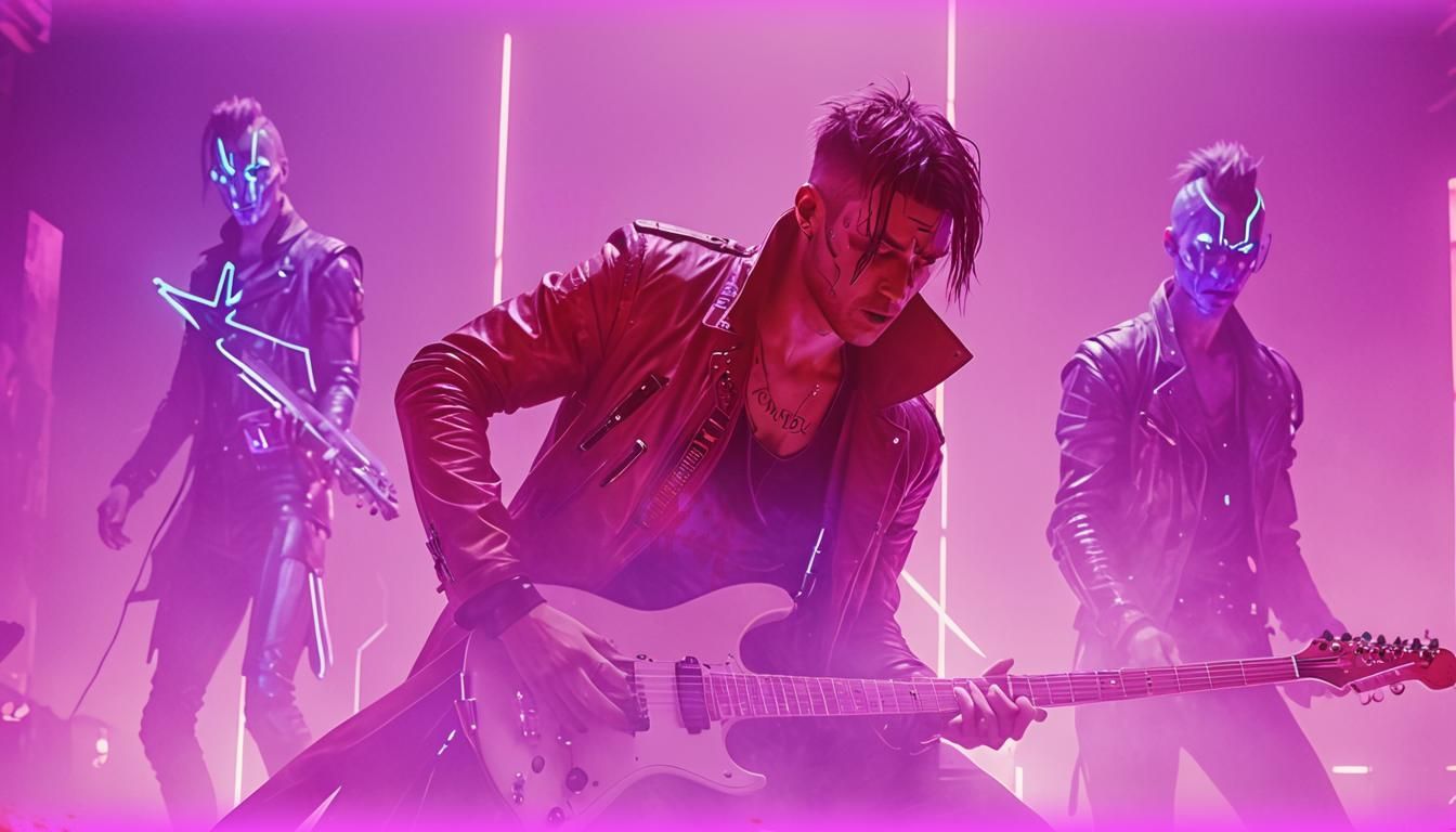 Cyberpunk Rock Band Performance in Neon Labyrinth