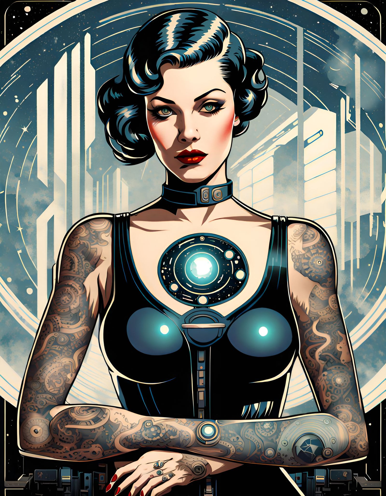 Retro-Futuristic Goth Pinup in Art Deco Space