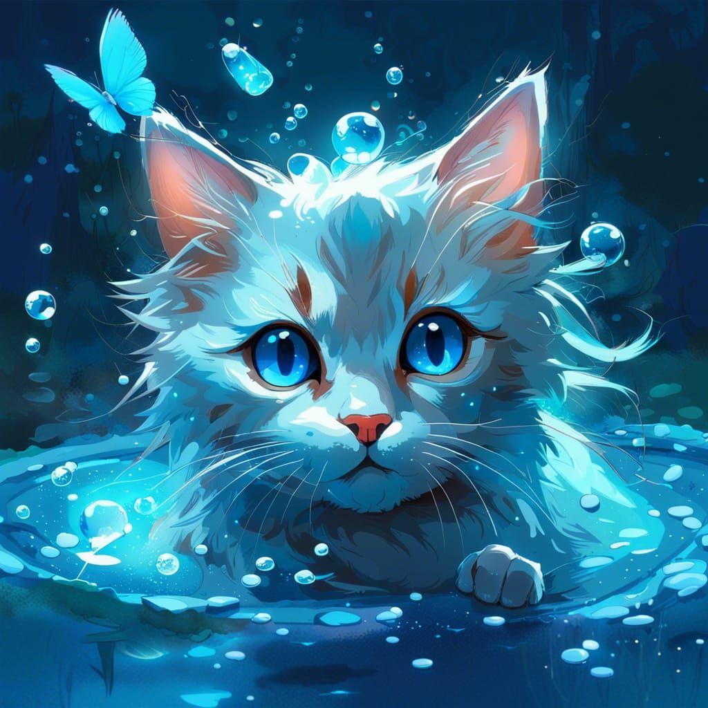 Magical Cat Bath in Bioluminescent Fairy Oasis