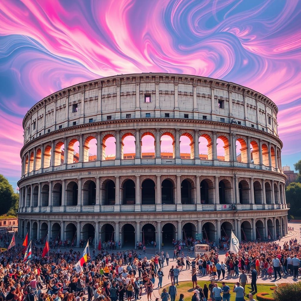 Restored Coliseum in Rome with Psychedelic Sky