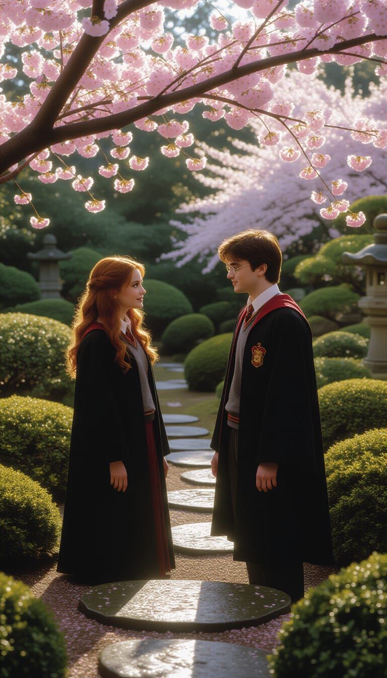Harry and Ginny in Japanese Garden with Cherry Blossoms