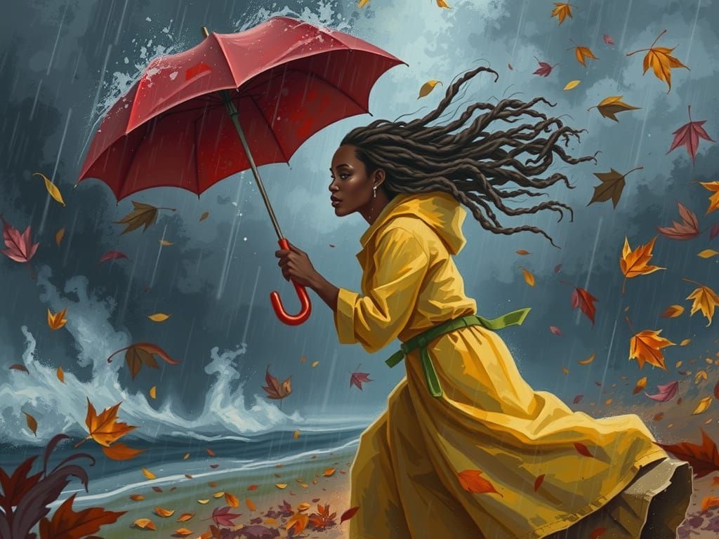 African American Woman Battling Autumn Storm in Yellow Rainc...