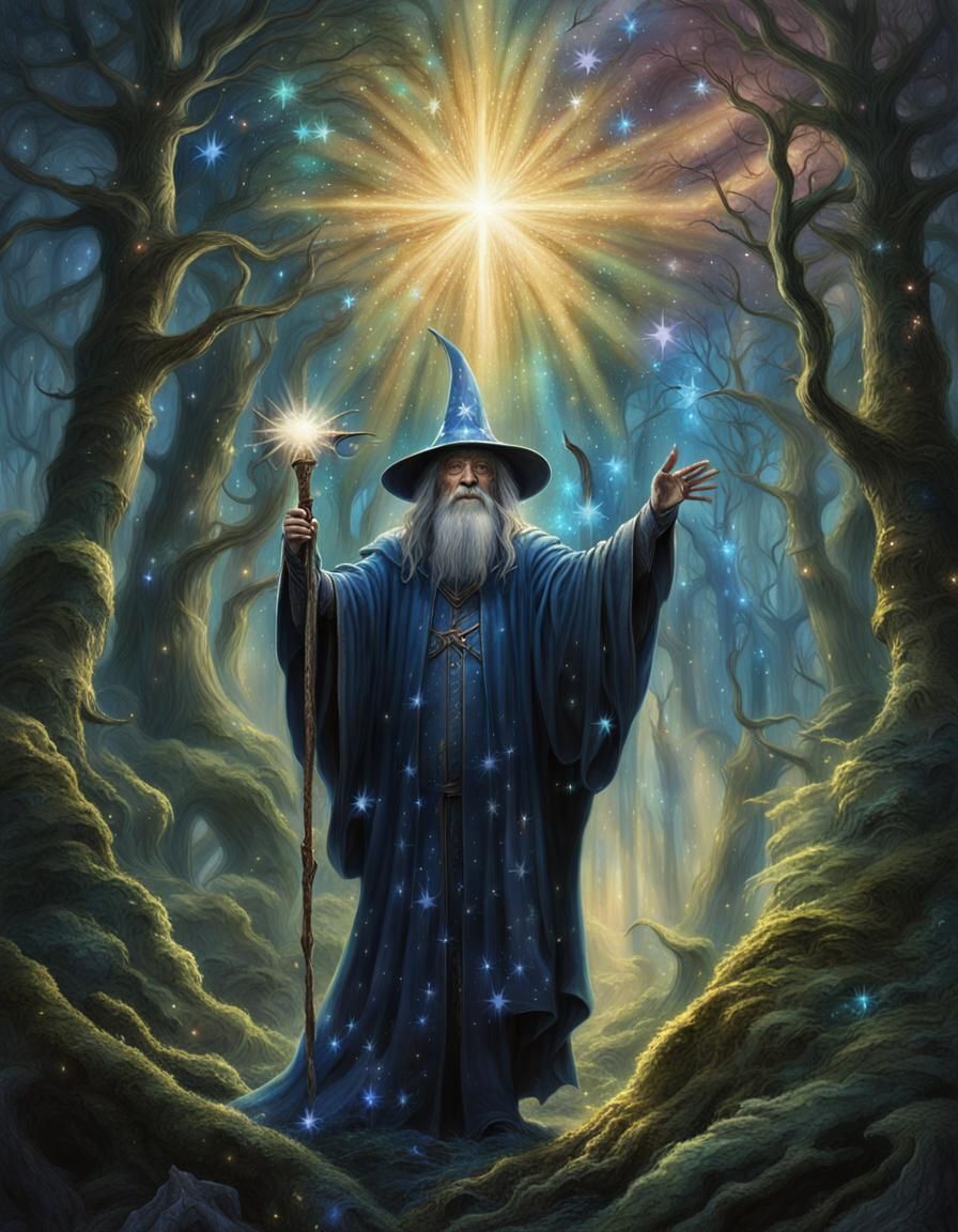 Mystical Wizard in Jeweled Forest Matte Painting