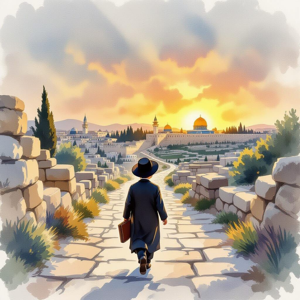 Boy Walks to Jerusalem: Watercolor Art