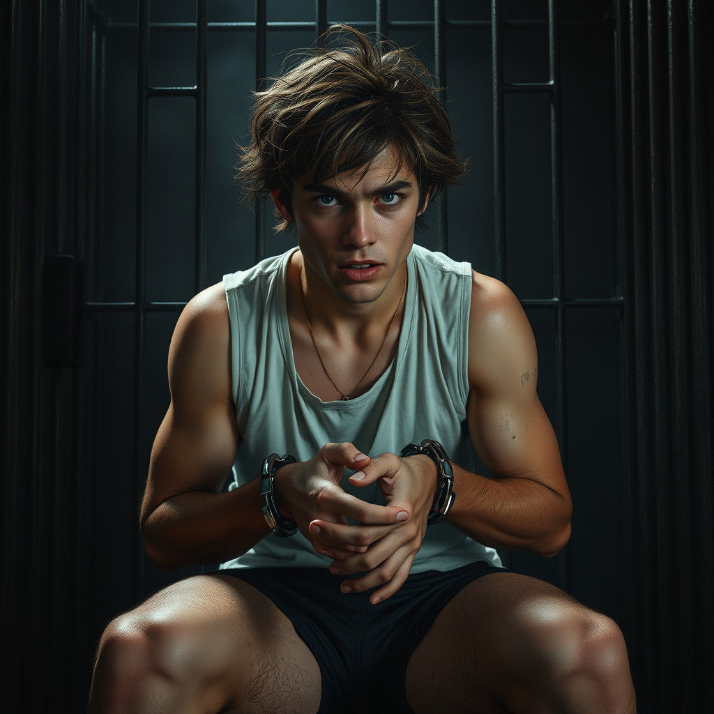 Moody Young Man in Jail, Handcuffed and Overwhelmed