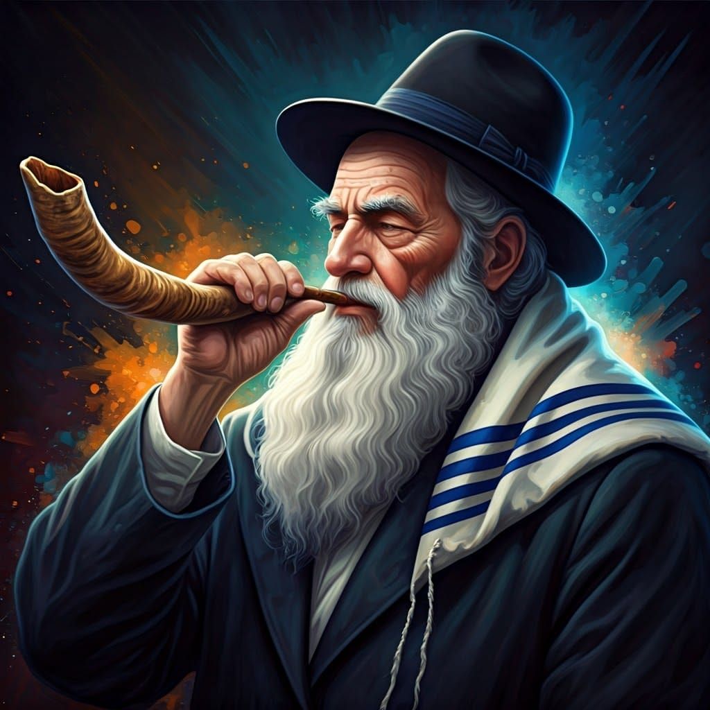 Wise Hasidic Man Blowing Shofar in Hyperrealistic Style