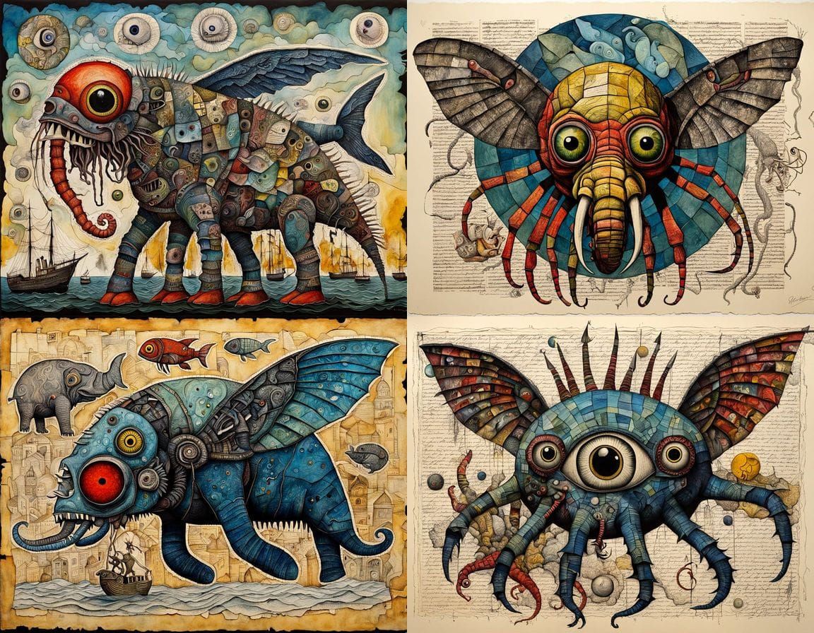 Grotesque Mutant Creature in Mixed Media Collage