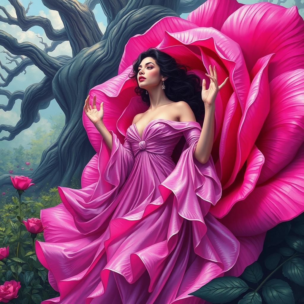 Woman Emerges from Rose in Fantasy World