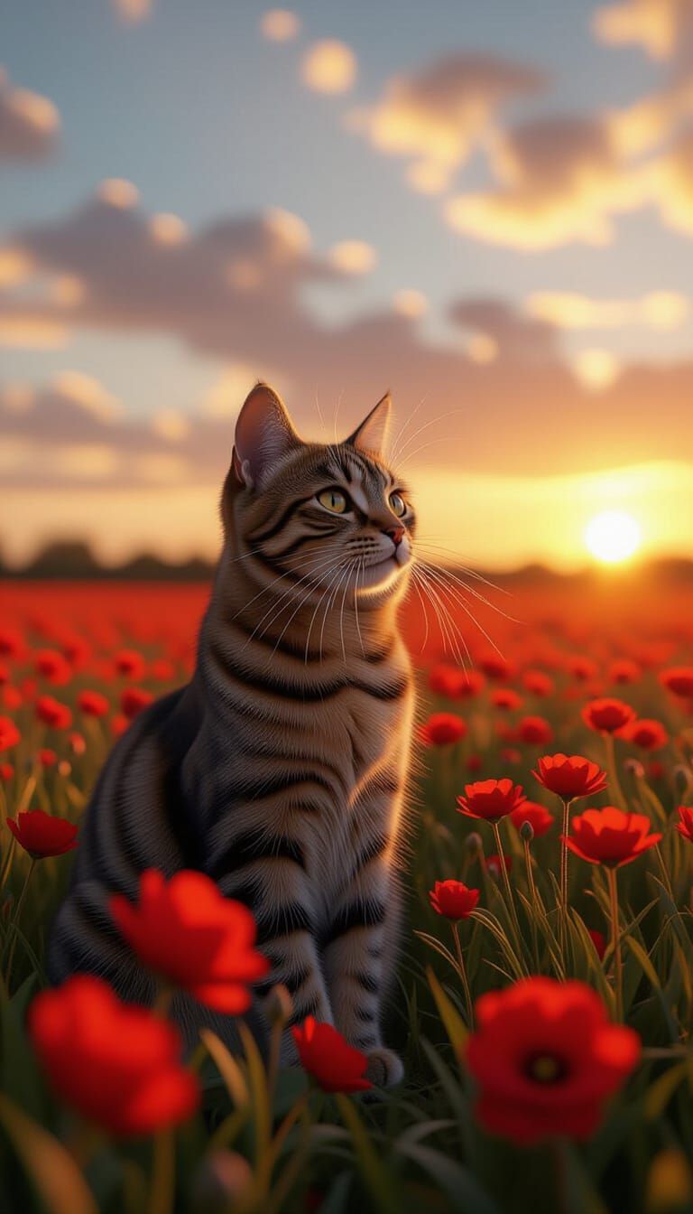 Tabby Cat in Red Flowers, Renaissance Style