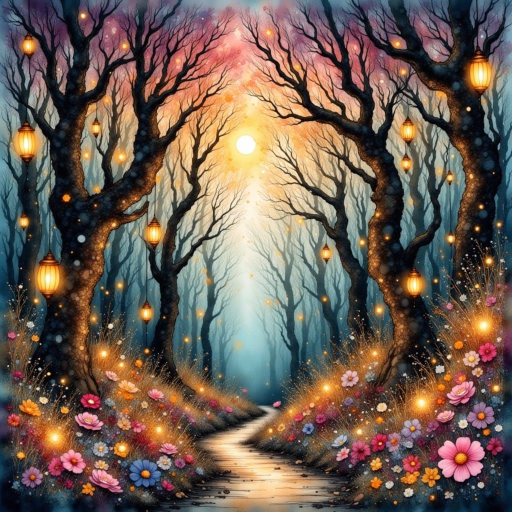 Whimsical Fantasyland with Floating Lamps and Fairy Lights