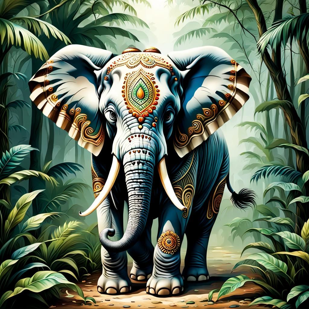 Decorated Jungle Elephant in Airbrush Oil Paint Style