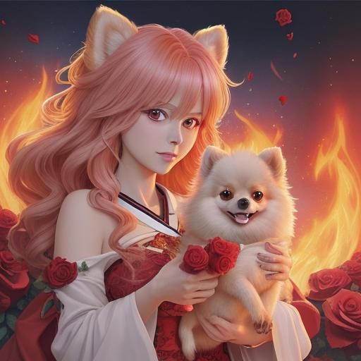 Fiery Pomeranian with Roses in Anime Style