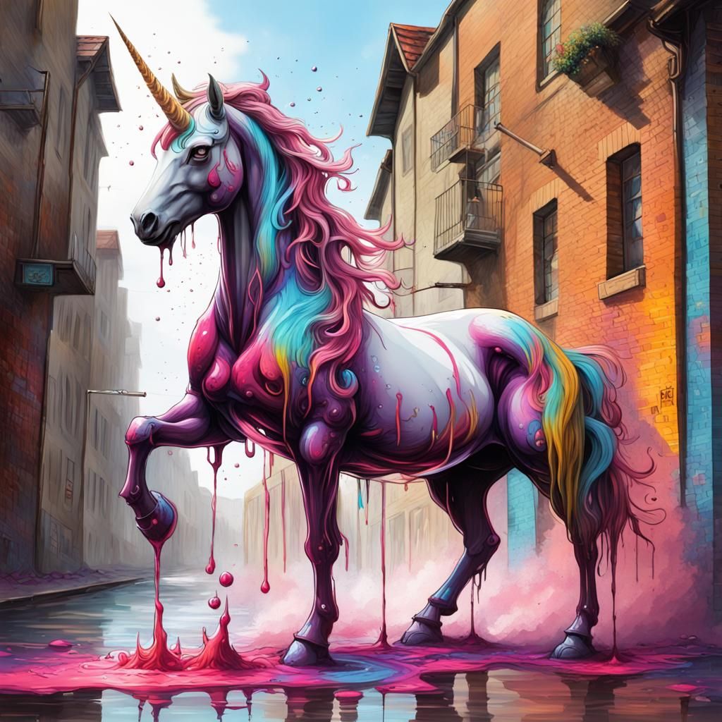 Medieval Sci-Fi Fusion Unicorn in Graffiti Art