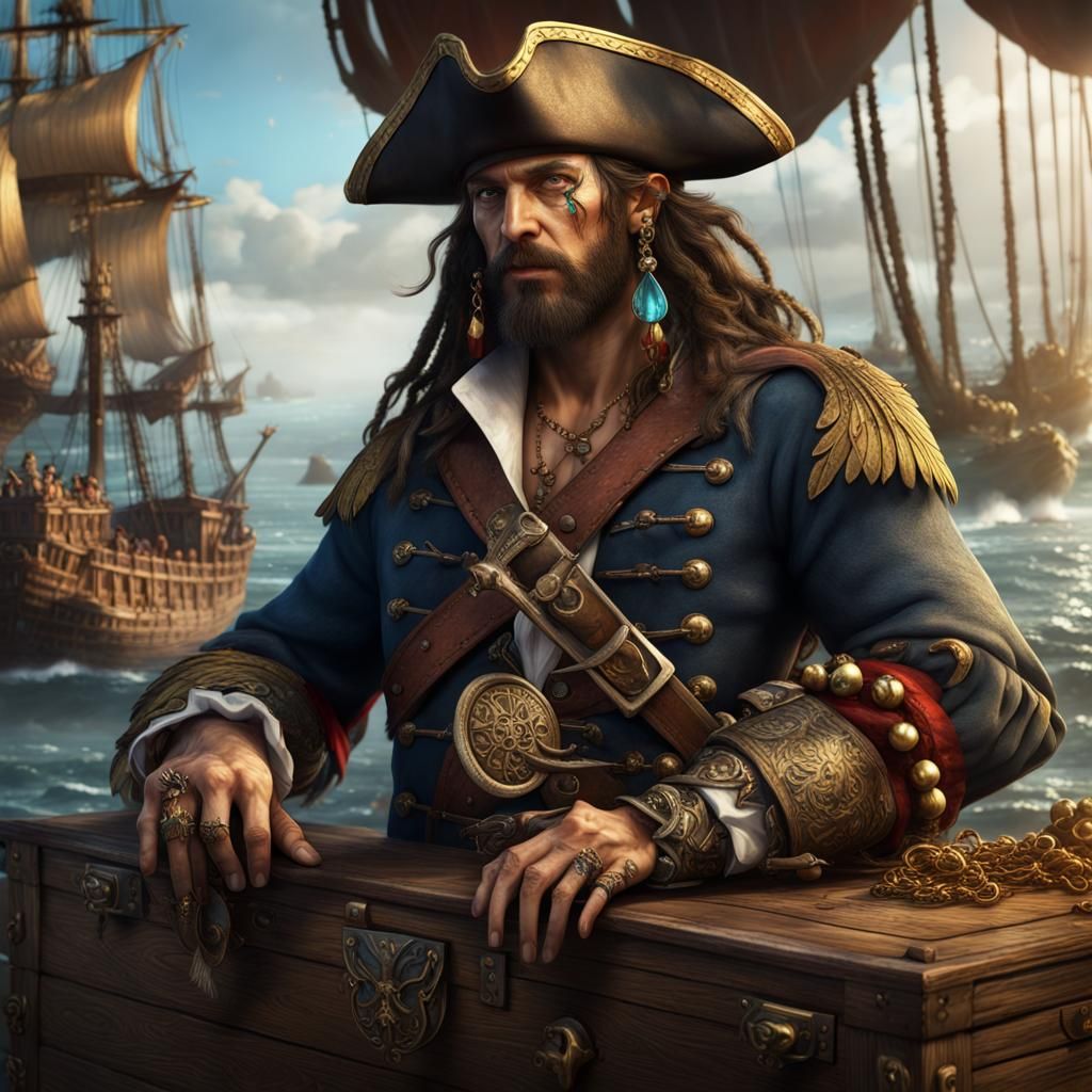Pirate with Parrot and Treasure Chest, Detailed Painting