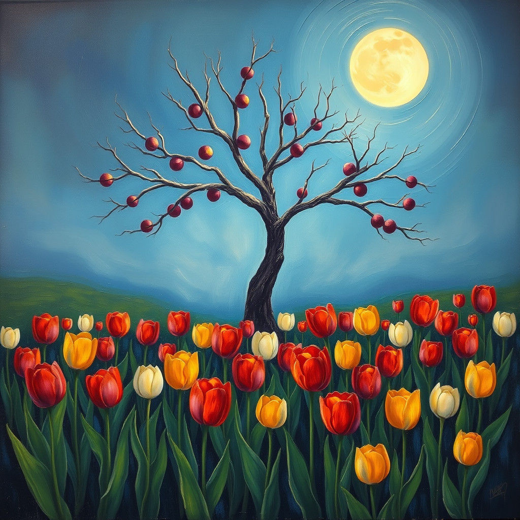 Moonlit Plum Tree and Tulips as Expressive Oil Painting