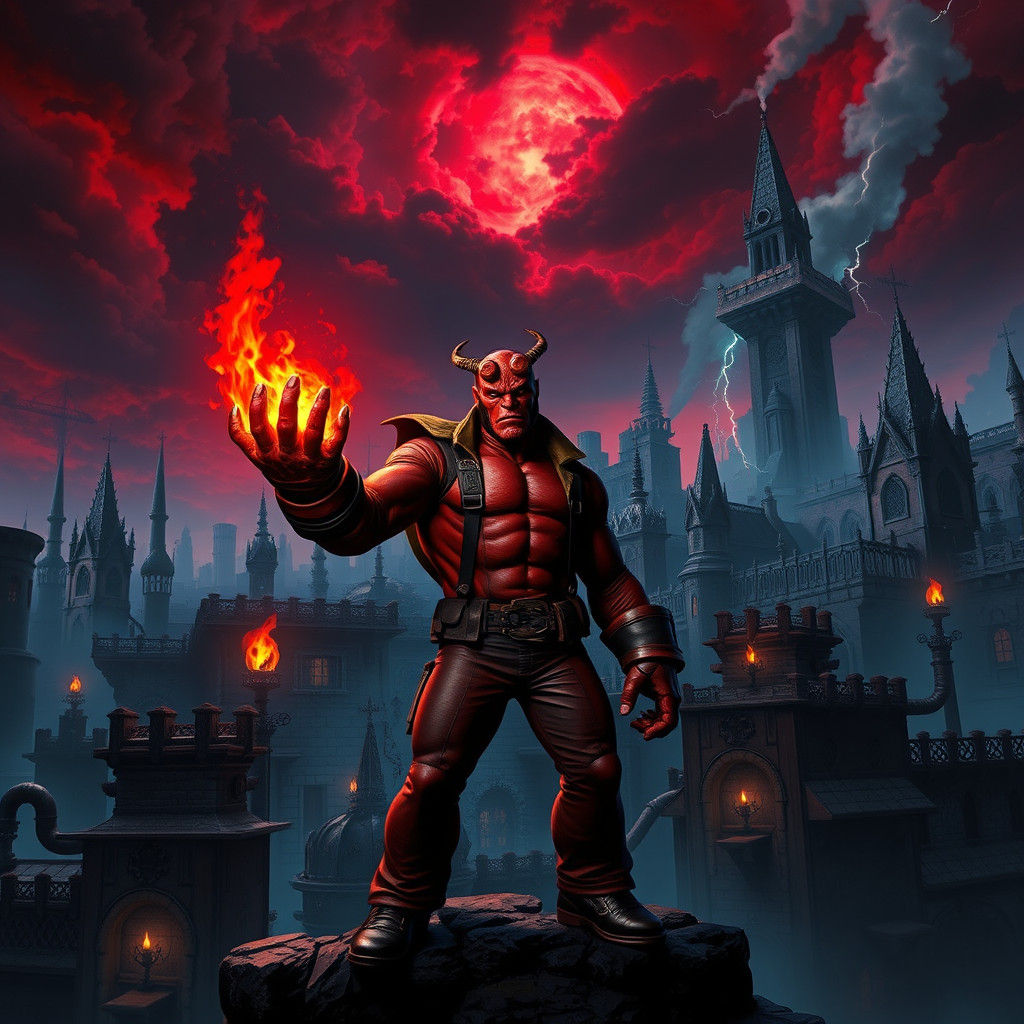 Hellboy in Gothic Cityscape with Right Hand of Doom