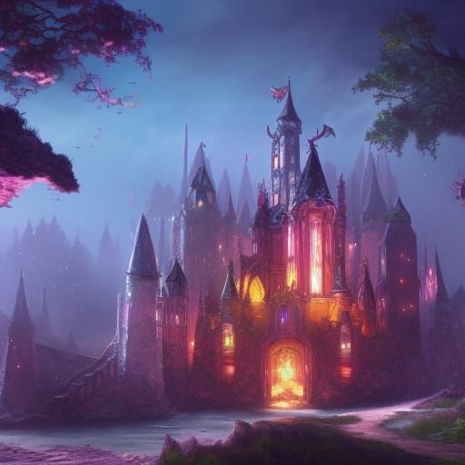 Magical Castle with Floating Crystals, Fantasy Art