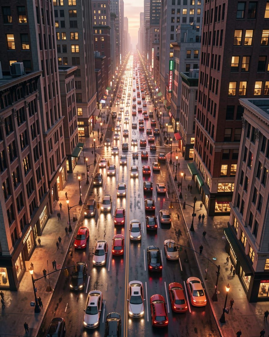Bustling City Street at Peak Hour in Fantasy Concept Art Sty...