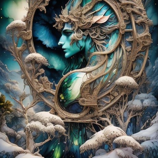 Cosmic Clock in Snowy Aurora Landscape