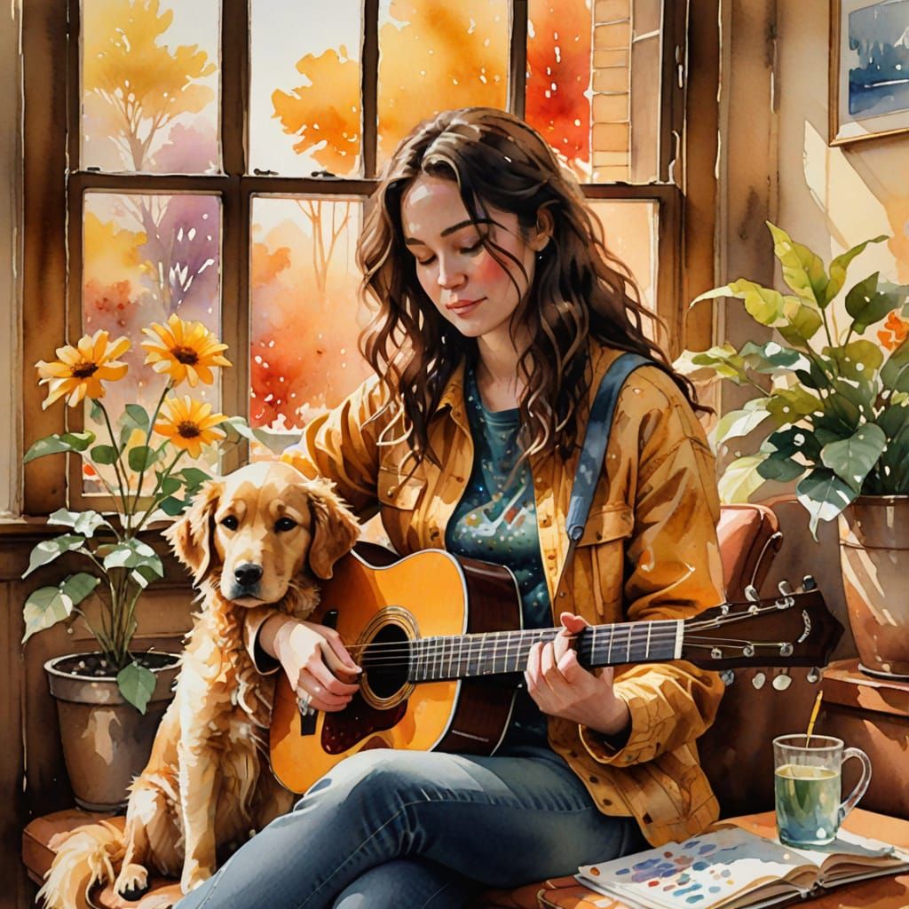Girl Plays Guitar with Dog in Watercolor Painting