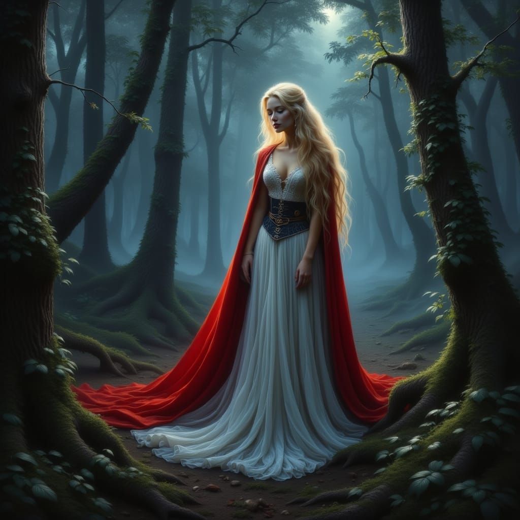 Enchanted Princess in Misty Woods at Night, Ethereal Glow