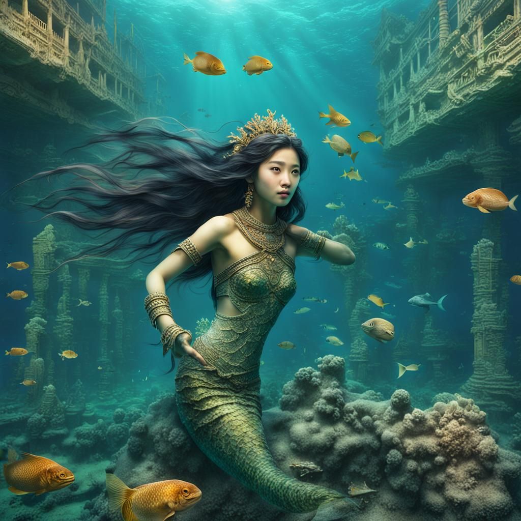 Asian Mermaid in Underwater Civilization Ruins