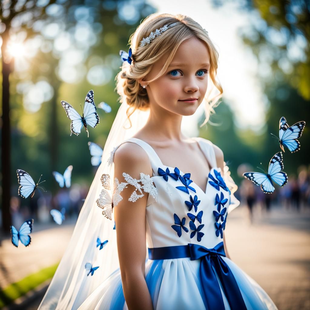 Blonde Woman in Wedding Dress with Blue Butterflies