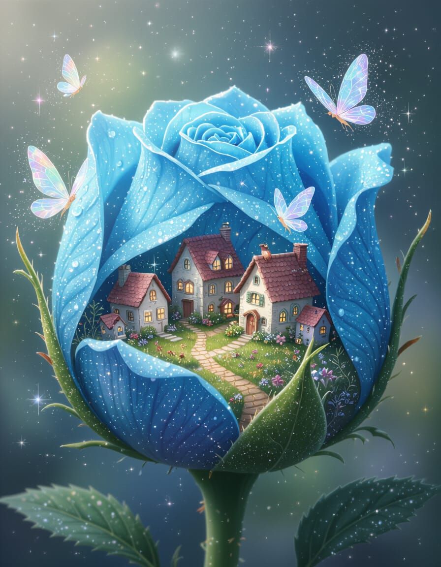 Tiny Village Inside Blue Rose Bud Holographic Illustration
