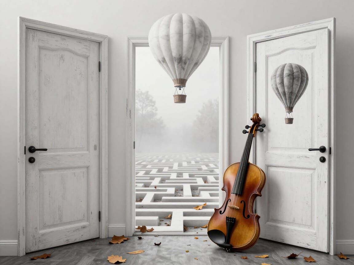 Surreal Dreamscape with Violin, Keys, and Maze