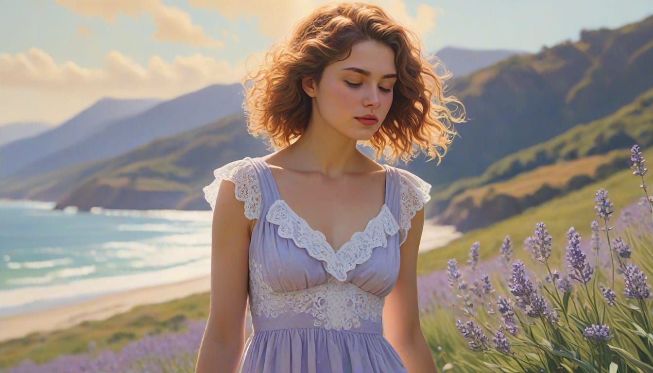 Elegant Woman Surrounded by Lavender Blooms in Gouache Impre...