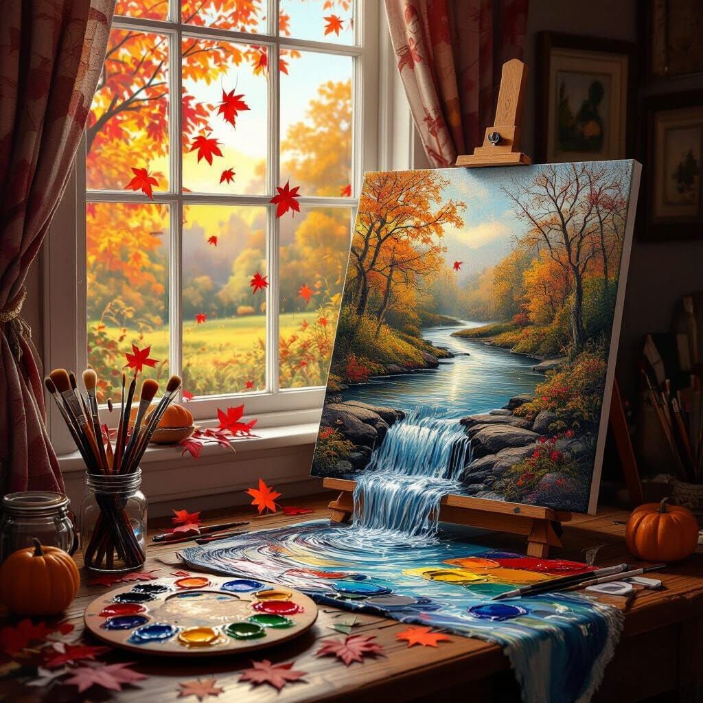 Cozy Cottage Interior With Magical Flowing Canvas Art