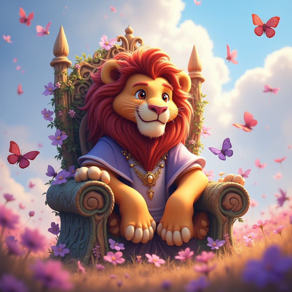 Lion King on Floral Throne in Disney/Pixar Style