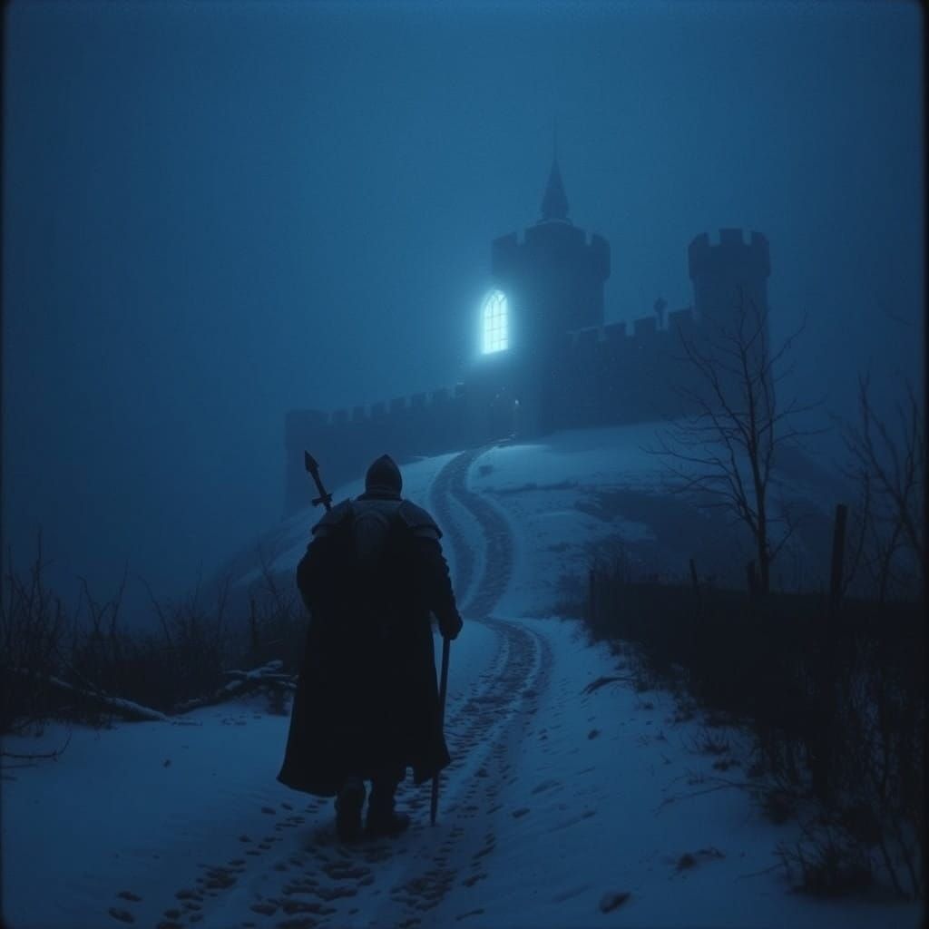 Ethereal Winter Landscape with Lone Knight and Lit Castle Wi...
