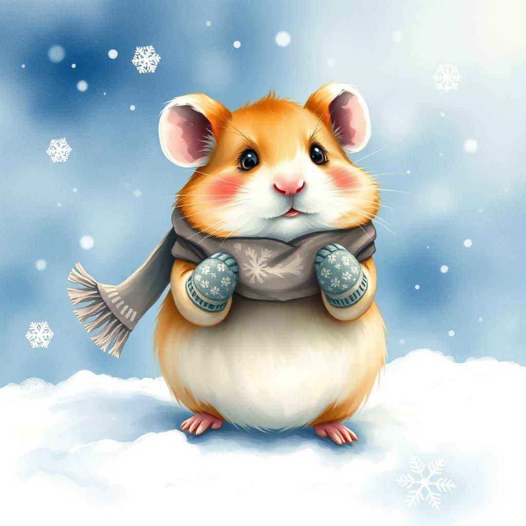 Whimsical Hamster in Snowy Wonderland Watercolour
