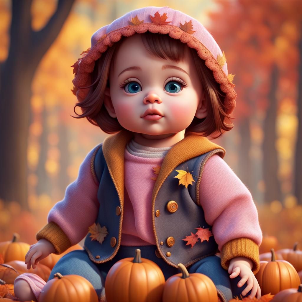 Cute Baby Doll in Autumn Clothes as Digital Art