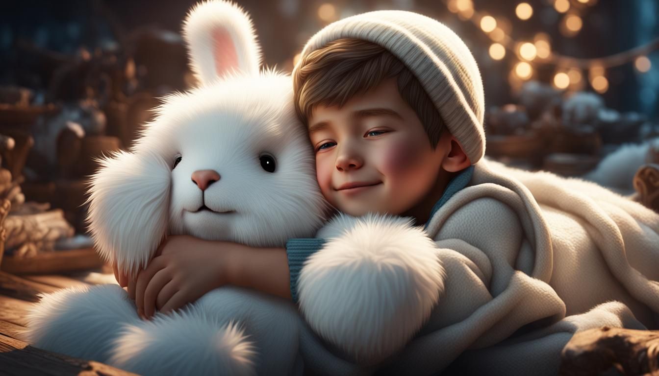 Happy Child Snuggling Bunny in Detailed Matte Painting