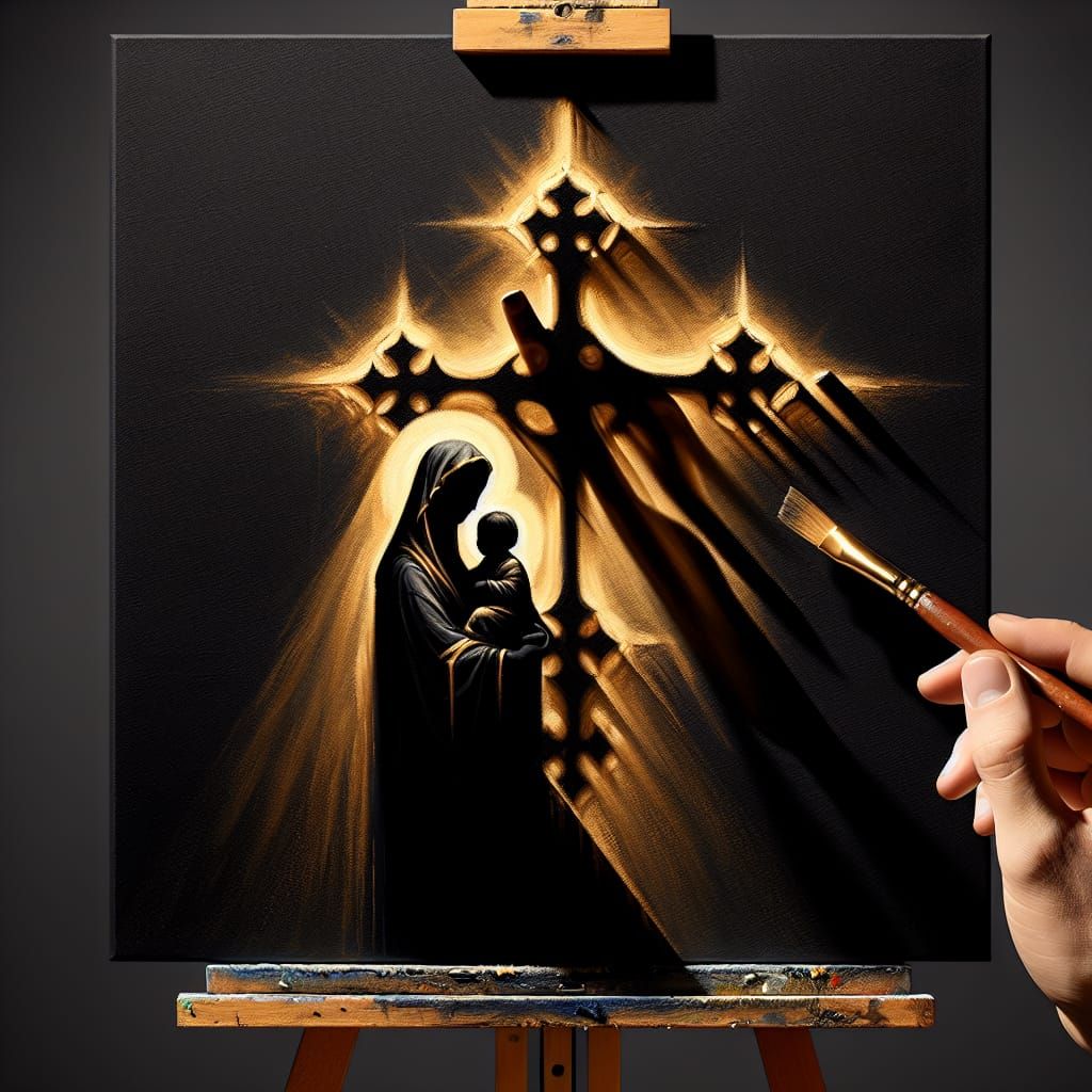 Black Madonna Painting with Golden Gothic Cross Shadow