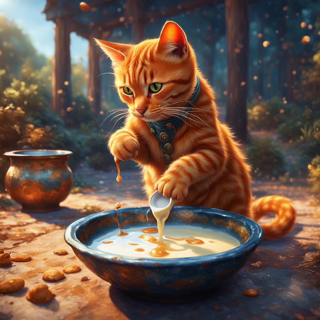 Impressionist Ginger Cat Drinking Milk Outdoors